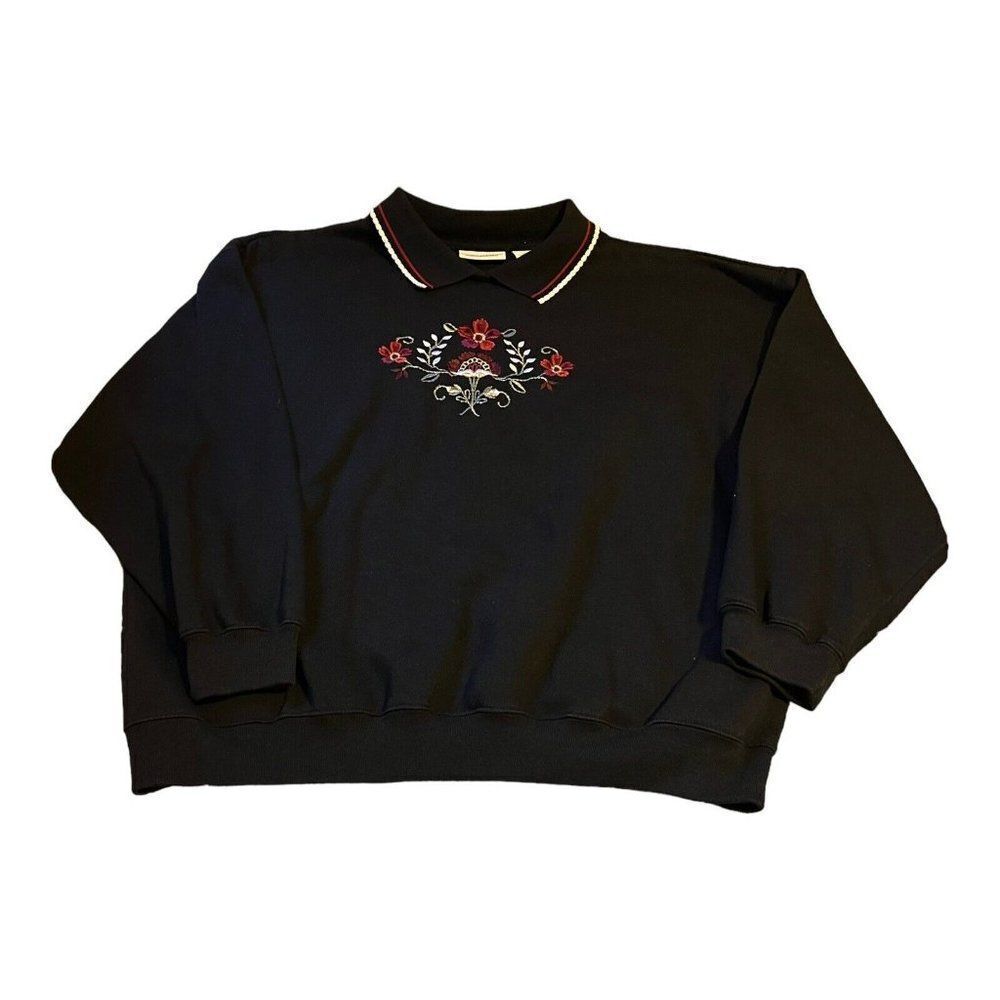 Classic Elements Vintage Black Floral Embroidered Sweatshirt Collared XL Top